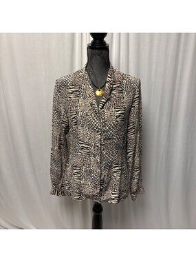 Jacqueline Ferrar Silk Blouse Womens Size 6 Animal Print Button-Up Brown Black